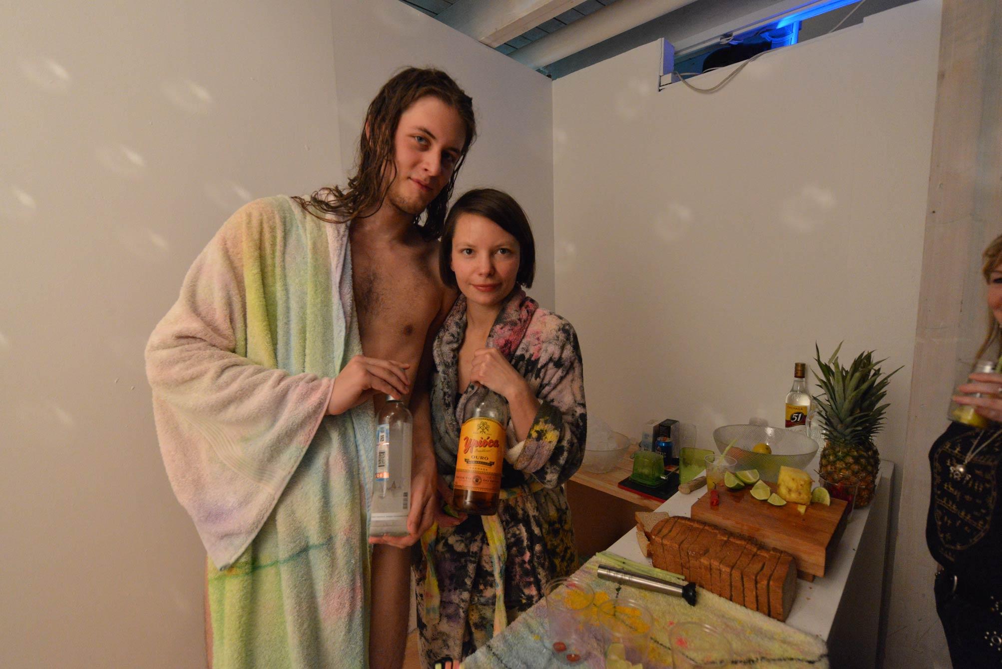 Limited edition of sauna sessions with paintings as towels and robes/ robes and towels as paintings in SmallProjects Tromso gallery. 2014/ +SlowBar by Tanya Busse/ 