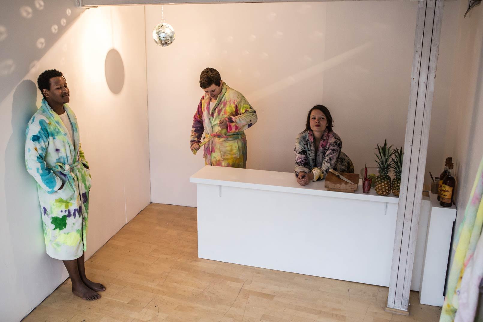 Limited edition of sauna sessions with paintings as towels and robes/ robes and towels as paintings in SmallProjects Tromso gallery. 2014. Photo by Kasia Mikolajewska 